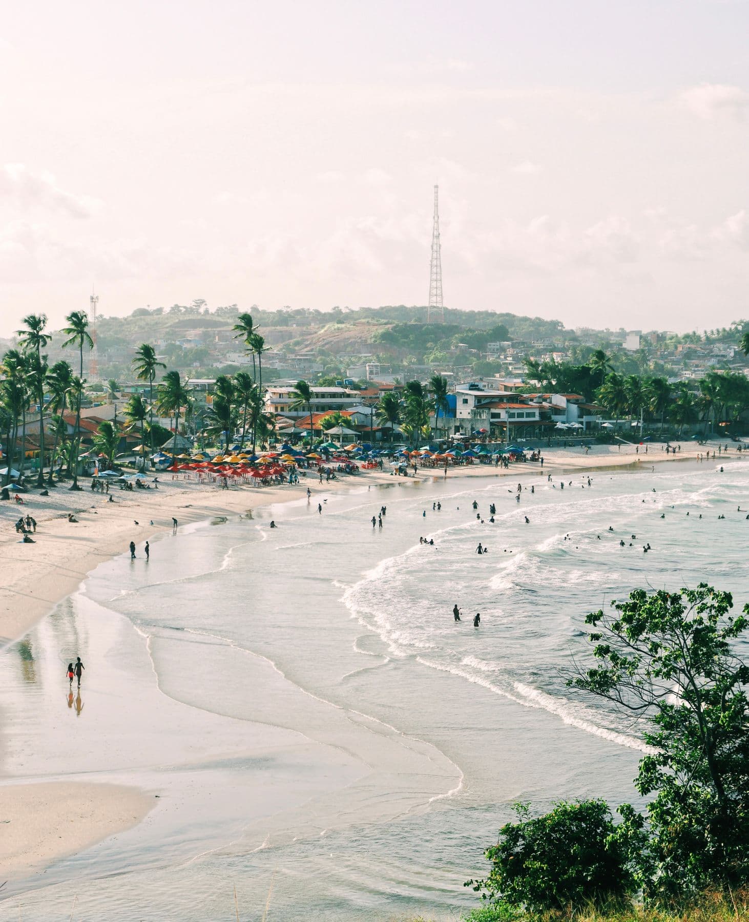 Vista do alto da praia de Porto de Galinhas, com coqueiros, guarda-sóis e o mar de águas claras
