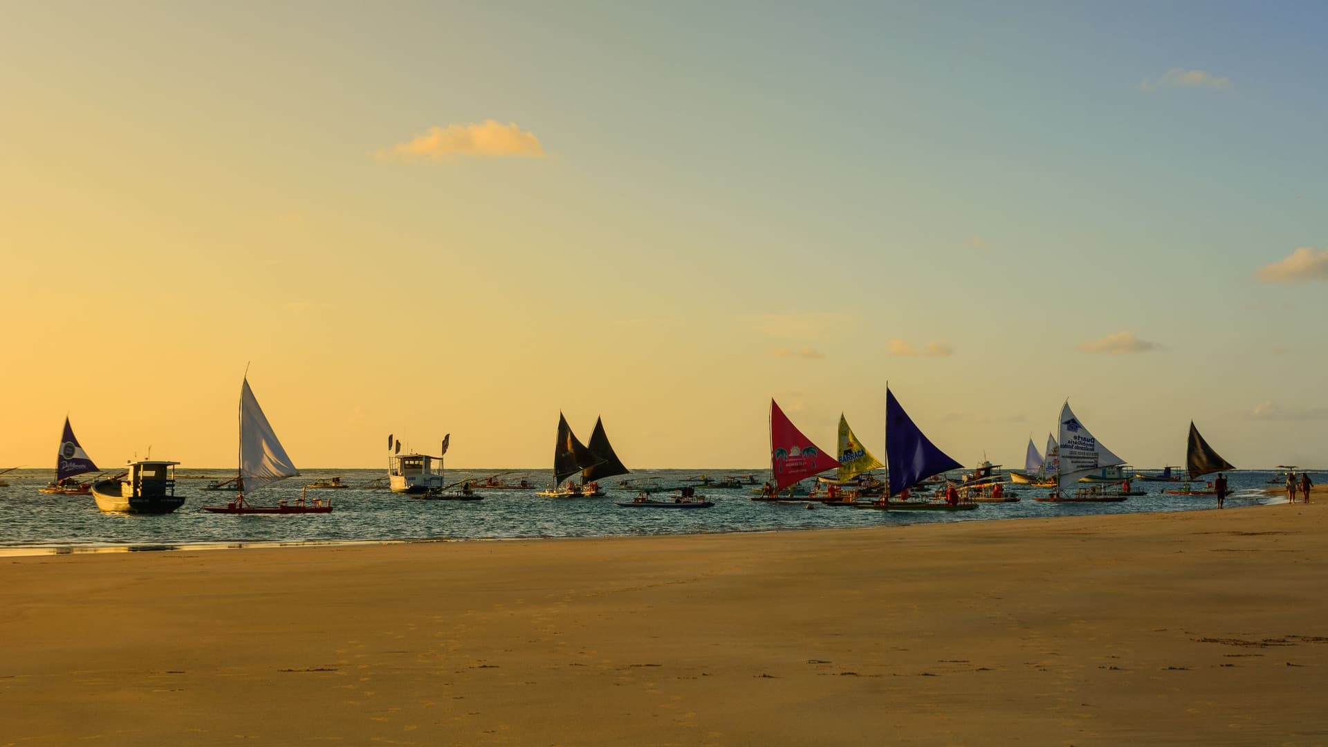 Jangadas de velas coloridas na maré baixa de Porto de Galinhas ao entardecer